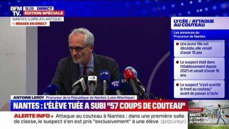 Attaque au couteau dans un lycée à Nantes: le technicien en informatique "a asséné un coup de chaise dans le dos et sur le crâne" du suspect, indique le procureur