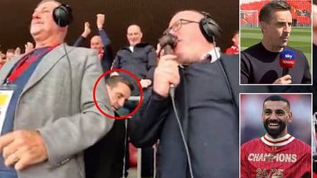 Eagle-eyed fans spot Gary Neville making a swift exit from Anfield after bumping into Liverpool legend during wild title celebrations