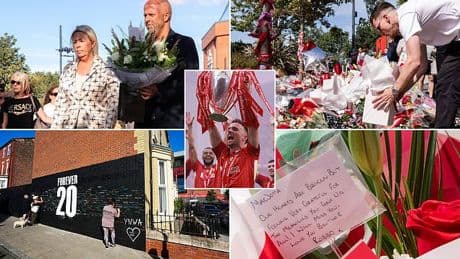 Liverpool boss Arne Slot and defender Andy Robertson lay flowers at Anfield in tribute to Diogo Jota after his tragic death - as fans sign mural to the club's beloved 'Forever 20'