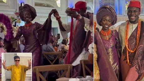 England and Lions rugby captain Maro Itoje and his model wife host stunning Nigerian wedding in London, as team-mates don traditional dress and throw cash in the air