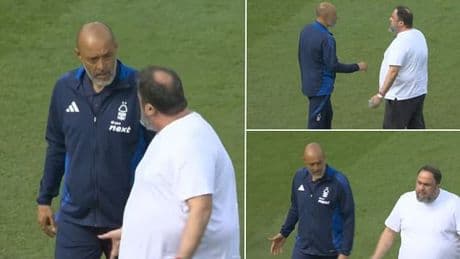Bizarre moment Nottingham Forest owner Evangelos Marinakis marches onto the pitch to remonstrate with coach Nuno Espirito Santo as underdogs' Champions League hopes fade after draw against Leicester