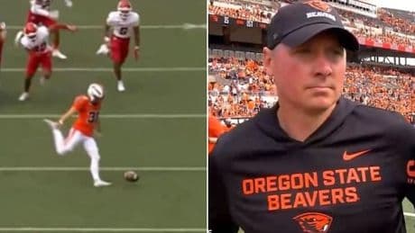 Oregon State concede comical touchdown before humiliated coach Trent Bray explodes in live TV interview