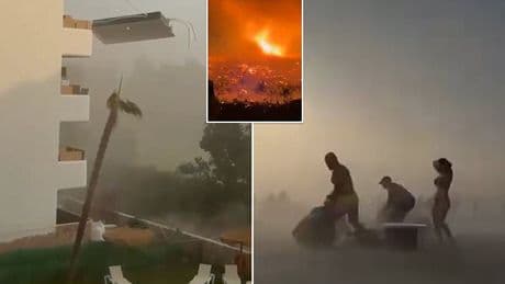Moment tourists run for cover as freak 'Satan's Storm' lashes Spanish beach - while country battles wildfires in 45C heatwave and Portuguese villagers resort to fighting blazes themselves