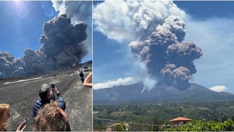 Eruzione Etna, nube eruttiva alta chilometri: crolla parte del cratere. Escursionisti in fuga. Allerta rossa per i voli