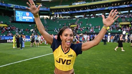 Alex Scott shows off midriff in retro Arsenal kit and sips bubbly with Jess Glynne at Women’s Champions League final