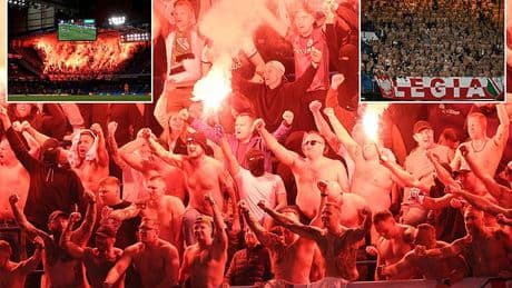 Legia Warsaw supporters let off flares in entirely SHIRTLESS away end during Conference League victory against Chelsea at Stamford Bridge