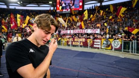 Serie A star Edoardo Bove bursts into tears as he makes first appearance at Roma stadium since collapsing on pitch