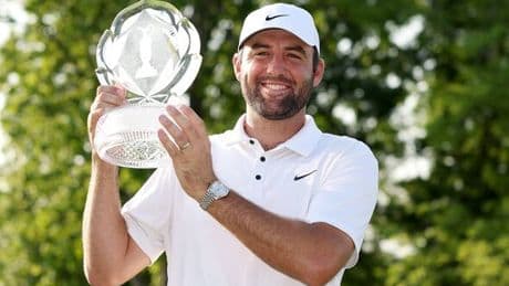 Scottie Scheffler reacts after copying Tiger Woods with Memorial Tournament win