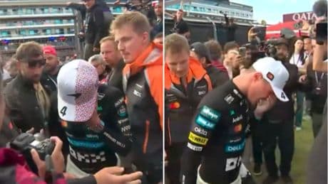 Lando Norris gets whacked in the face while celebrating British Grand Prix win