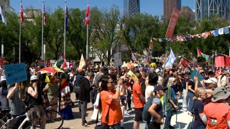 Hundreds of protesters rally in downtown Calgary ahead of G7 summit
