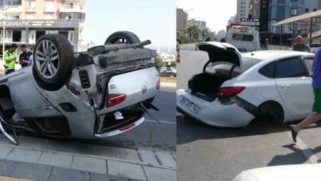 Mersinde akılalmaz kaza! Araçlardan biri ters döndü, diğerinin tekeri gövdesinden ayrıldı
