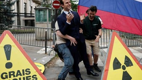 Greenpeace activists swipe Emmanuel Macron waxwork from Paris’s Grevin Museum before using it in anti-Russia protest