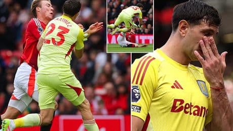 Emiliano Martinez is shown a straight RED CARD for a bizarre BLOCK on Rasmus Hojlund as Aston Villa's quest for Champions League football takes a damaging blow at Manchester United
