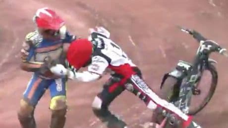 Speedway rider drags rival off bike before huge brawl: "Love to see it!"