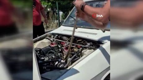 Aracın motoruna giren yılanı elindeki sopayla çıkardı