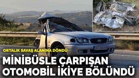 Minibüsle çarpışan otomobil ikiye bölündü! Ortalık savaş alanına döndü