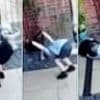 Schoolboy learns the hard way how to take off a backpack after falling face first to the ground while trying to take it off over his head