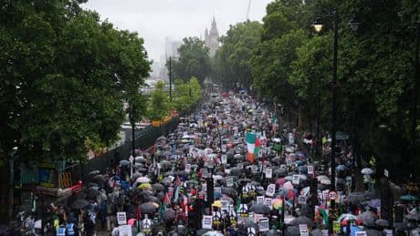 Hundreds brave torrential rain for Palestine solidarity protest in London