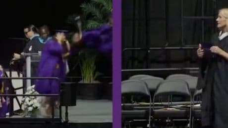 Watch: Celebrating student accidentally kicks girl in the face doing backflip at graduation ceremony