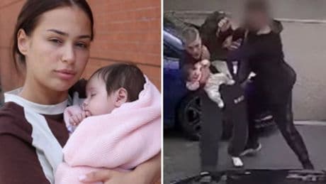 Horrifying street CCTV shows dad repeatedly punched in the head as he held baby daughter