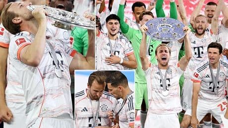 Harry Kane lifts a trophy! England captain FINALLY gets his hands on first silverware of his career with Bayern Munich after Bundesliga glory