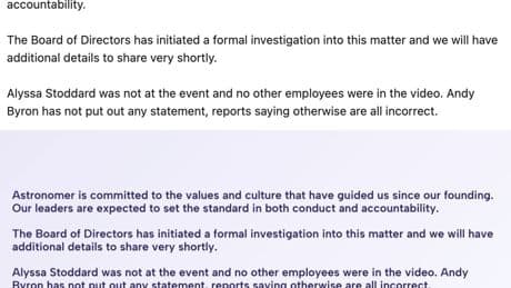 Astronomer launches investigation into CEO Andy Byron and HR boss Kristin Cabot’s alleged affair after Coldplay kiss cam reveal