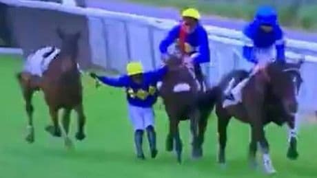 Jockey clings on to two horses at once after being unseated in bizarre scenes