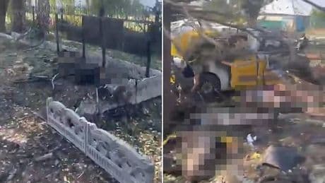 Bombed as they collected their pensions: Zelensky shares horrific video showing bodies strewn across the ground after Putin airstrike hit villagers waiting in line