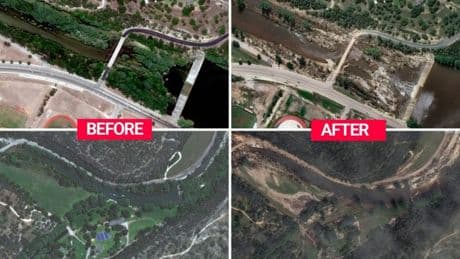 Satellites show roads washed away in Texas flooding after more than 110 killed