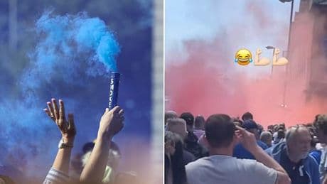 Liverpool fans get revenge against Everton pranksters by turning the air red during Goodison Park farewell