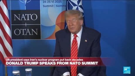 Donald Trump speaks from NATO summit on Iran