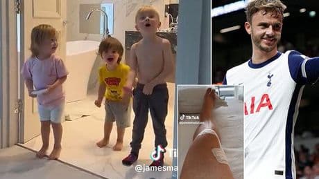 James Maddison's adorable children lift his spirits by belting out iconic Tottenham song as he recovers from 'cruel' ACL injury that will sideline him for most of the campaign