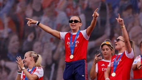 Arsenal star Katie McCabe leads anti-Tottenham chants at Champions League parade – but Win the dog steals the show