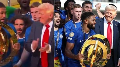 Donald Trump bizarrely gatecrashes Chelsea's Club World Cup trophy lift to leave unimpressed Cole Palmer appearing to utter a three-word response
