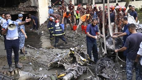 A Bangladesh Air Force training jet crashes into a Dhaka school, killing at least 19