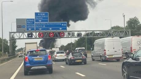 M25 closed near Lakeside Shopping Centre after lorry bursts into flames