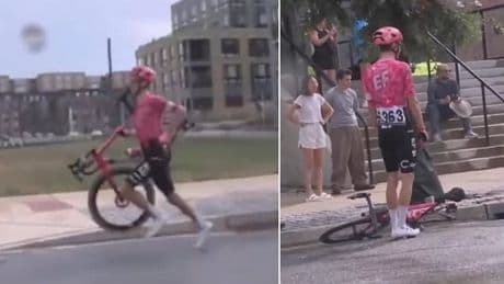 Watch incredible moment cyclist overcomes flat tire by picking up his bike and running towards finish