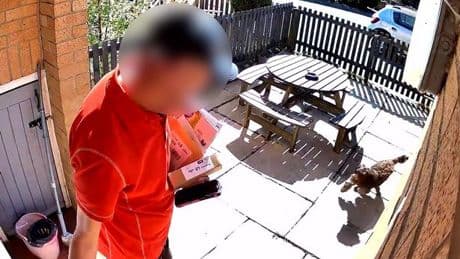 Shock moment Royal Mail postie violently KICKS tiny puppy at owner's door