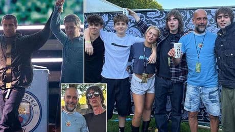 Pep Guardiola parties with the Gallagher family backstage before Oasis comeback gig - as he rocks a retro Man City shirt