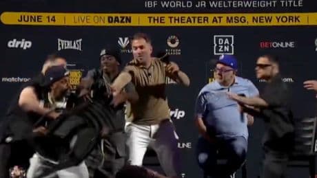 George Kambosos Jr and Richardson Hitchins face-off features slap and thwarted attempt to throw chair