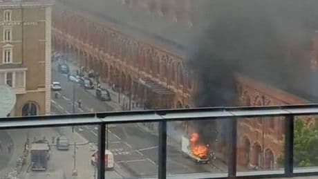 Van erupts in flames outside Kings Cross St Pancras station as thick smoke fills street