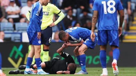 Moment Jamie Vardy grabs referee’s wrist and blows whistle to stop game while official lies prone on the ground