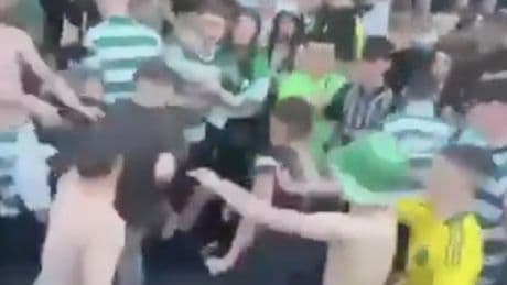 Celtic fans brawl during title party celebrations as supporters take over Trongate