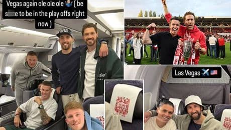 Return to Las Vegas! Wrexham players jet to Sin City AGAIN to celebrate their historic third promotion in a row as Ryan Reynolds and Rob McElhenney bankroll the party