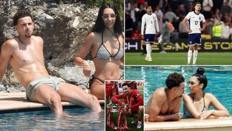 Liverpool star Curtis Jones laps up the sunshine on his holidays with partner Saffie Khan just days after disappointing end to the season with England