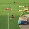 Play dead! Footballers suddenly hit the deck as match is suspended for bizarre reason