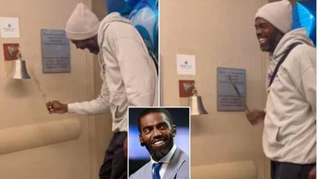 Emotional moment Randy Moss rings bell to mark end of cancer treatment nine months after stepping away from ESPN
