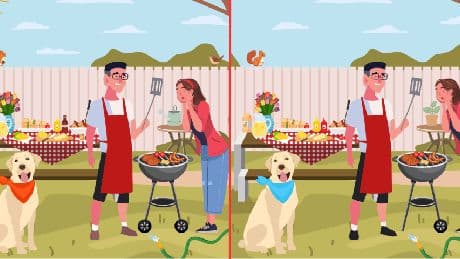 Everyone can see the dog – but can you spot 12 differences between the family barbecue scenes in this brain teaser
