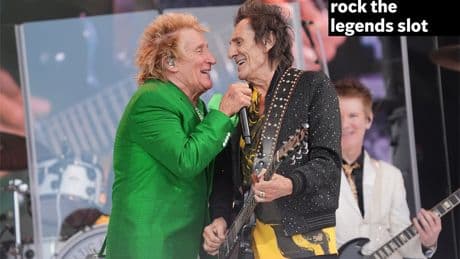 Ronnie Wood hangs out backstage with fellow Rod Stewart collaborators Lulu and Mick Hucknall