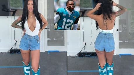 Travis Hunter's controversial wife turns heads with busty outfit for his NFL debut... a week after giving birth